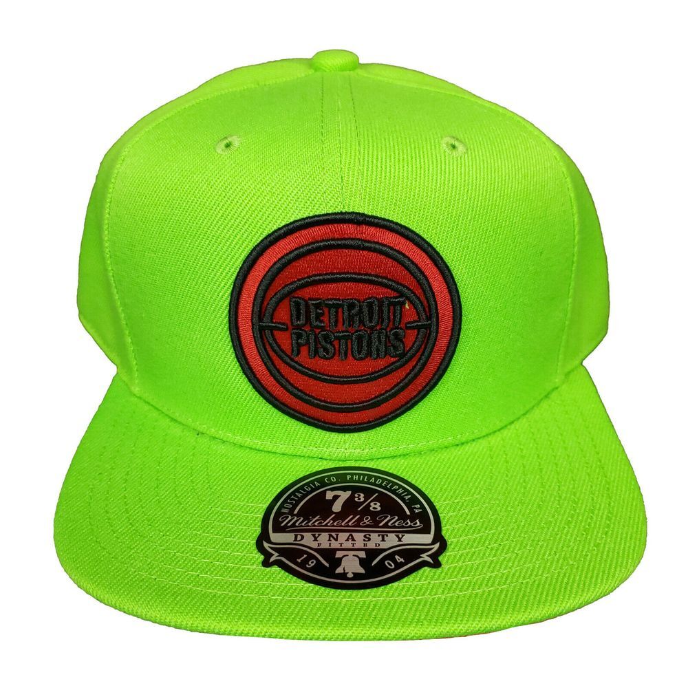 Detroit Pistons Mitchell & Ness NBA Fitted 7 3/8 Flatbill Cap Hat Neon Green NWT